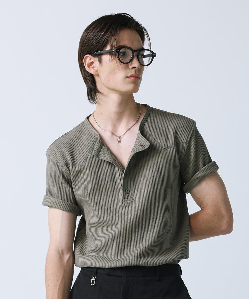 SSY Western York Waffle Henley Neck Half Sleeve Olive Khaki