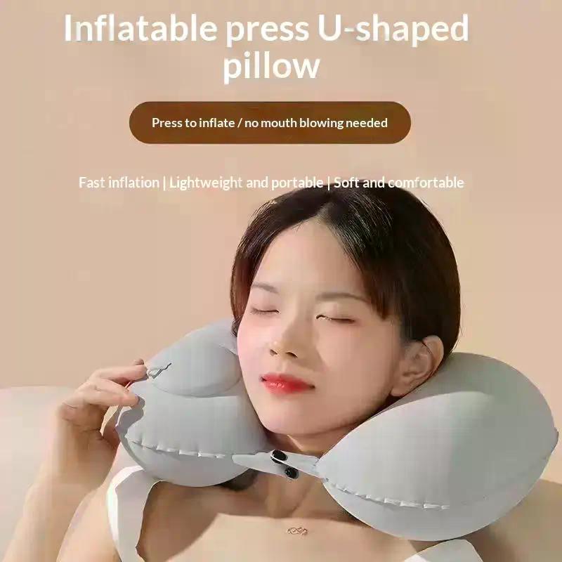 Flocking Inflatable Portable Neck Pillow That Can Be Stored And Self Filled Suitable For Outdoor Travel Business Trips Camping