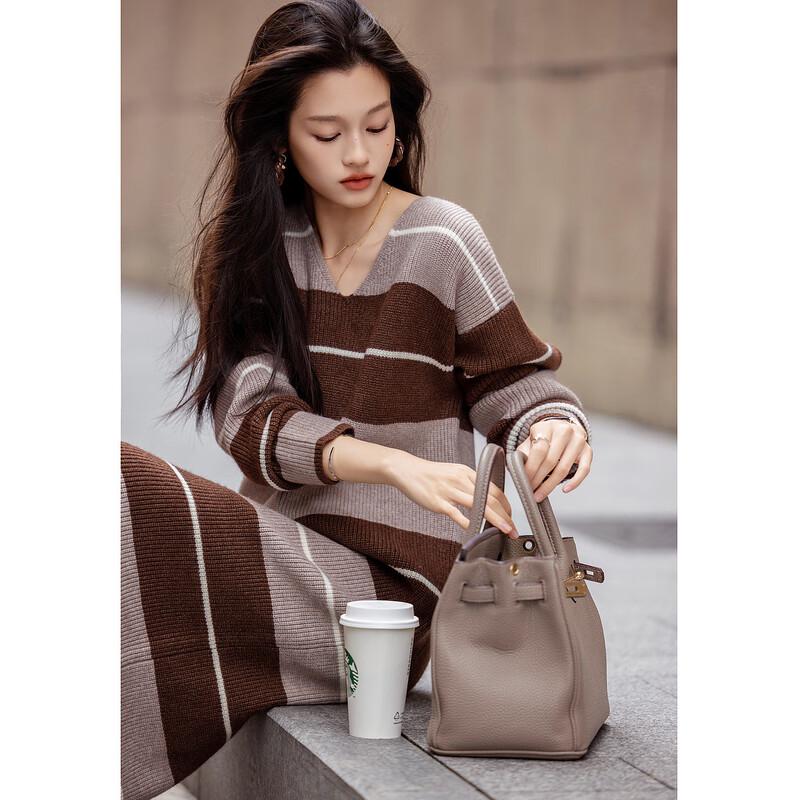 Demana Retro Striped V-Neck Long Sleeve Midi Dress