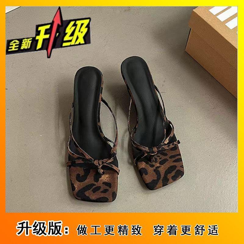 Evening Wind Female Leopard Print 2025 New Slope Heel Wear High Heels Slippers Thin Straps Summer Shoes Mezzanine French Sandals