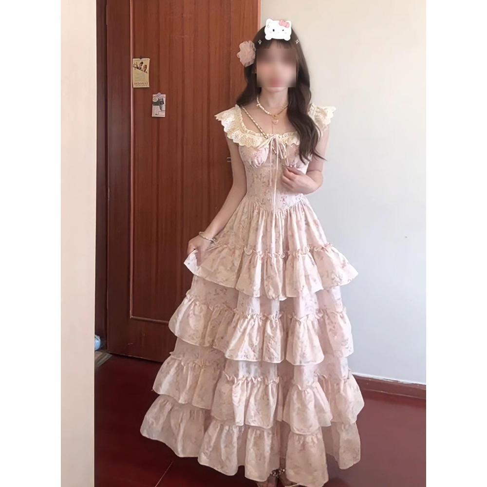 Sweet little fly sleeve floral dress female summer beautiful princess cake dress waist fairy long skirt