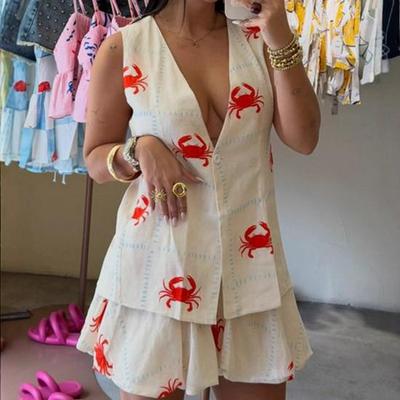 European Style Women's Crab Print Casual Cardigan & Shorts Two-Piece Set
