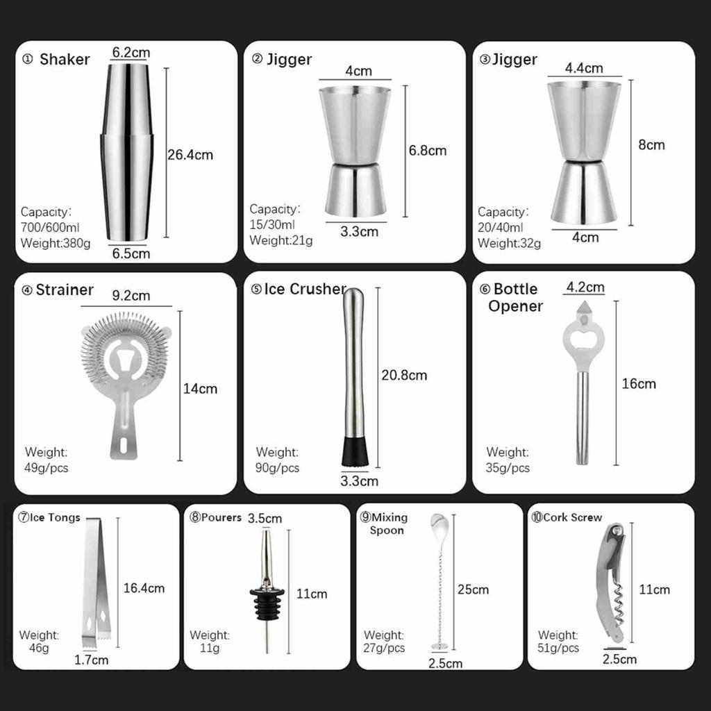 Kit da Barman, Set Shaker per Cocktail da 15 Pezzi, Set di Attrezzi da Bar, per Mojito, , Margarita, Whiskey con Frantoio per Ghiaccio, Pinze