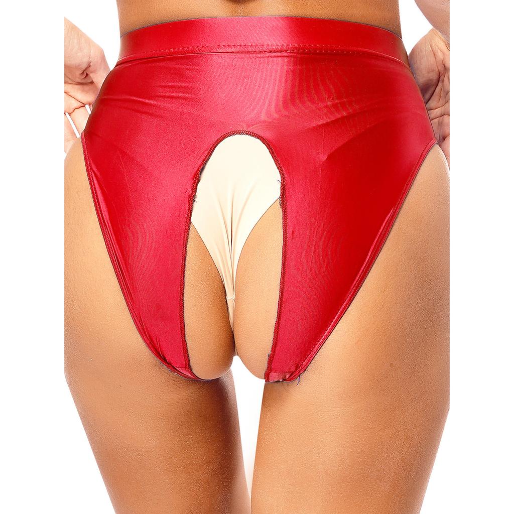 Womens Glossy Stretchy Panties High Waist Open Crotch Design Elastic Waist Sexy Underwear Lingerie