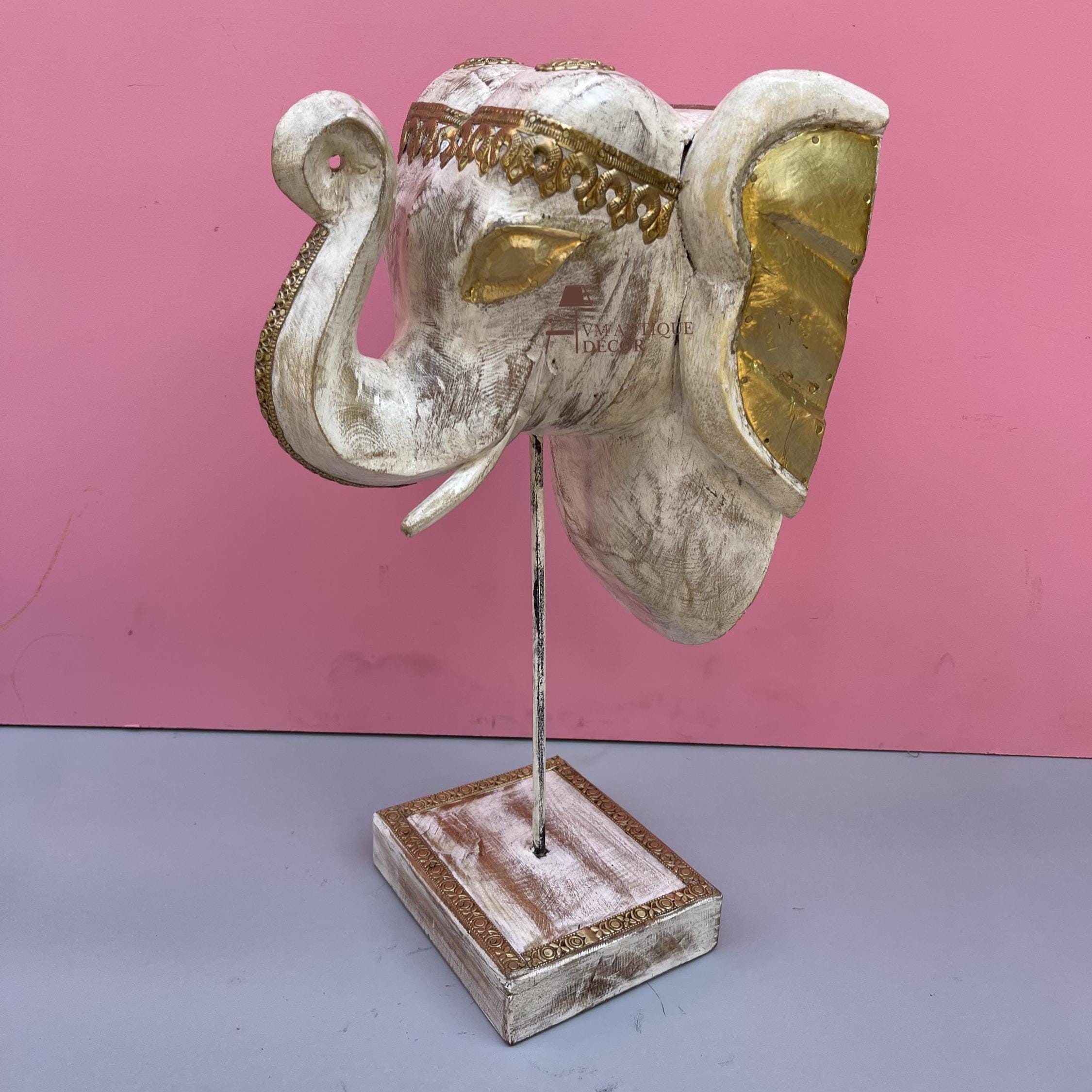 

Wooden Elephant Head Sculpture -Inspired Decorative Accent | Gold & Distressed Finish Home Décor Tabletop Elephant Gift Figurines Sculpture