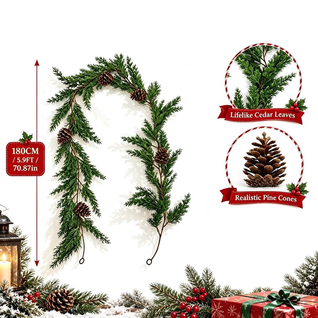 Artificial Christmas Cypress Pine Vine Décor with Plastic Greenery