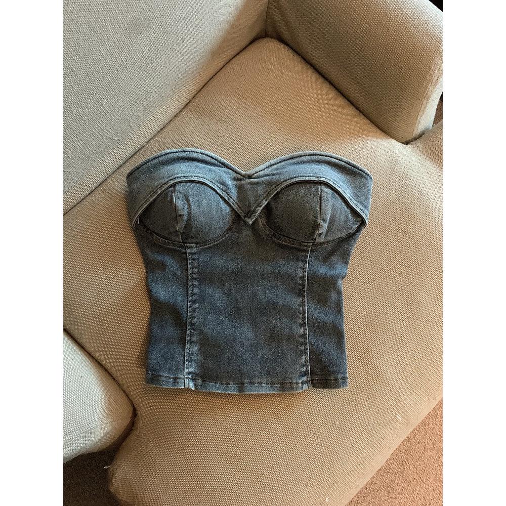 Trendiges Retro-Farben-Denim-Bandeau mit einem Träger: Damen Cooles & Vielseitiges Cropped Top Sommer 2026