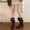 Vintage Plissierte Damen Western Cowboy Stiefel Mode Spitzzehe Dicke Absätze Damen Mid-Calf Stiefeletten