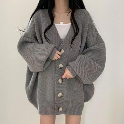 Korean Solid Sweater Jacket Women's Cardigan Spring Autumn Thickening Casual Oversized Lazy Wind Wear V-neck Knitted Coats Women