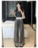 Petite Women's Blue Plaid High Waist Elastic Summer Pants - Yamamoto Drape Casual Straight Wide Leg 