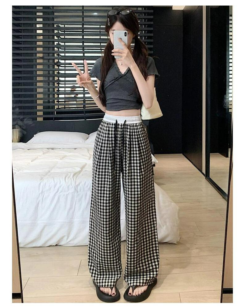 Petite Women's Blue Plaid High Waist Elastic Summer Pants - Yamamoto Drape Casual Straight Wide Leg 