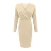 Ladies Fashion Long Sleeve V-neck Color Split Hip Packing Tight Dress