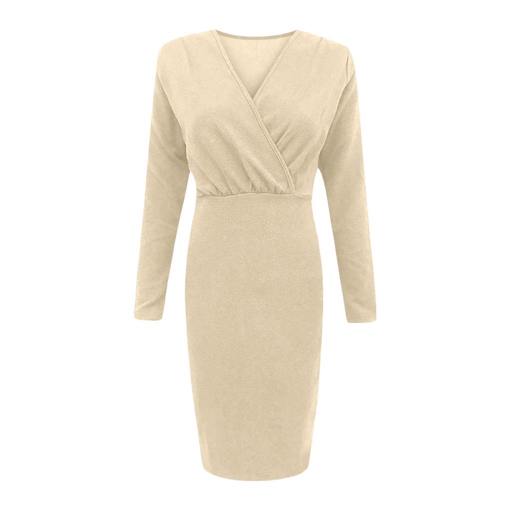 Ladies Fashion Long Sleeve V-neck Color Split Hip Packing Tight Dress