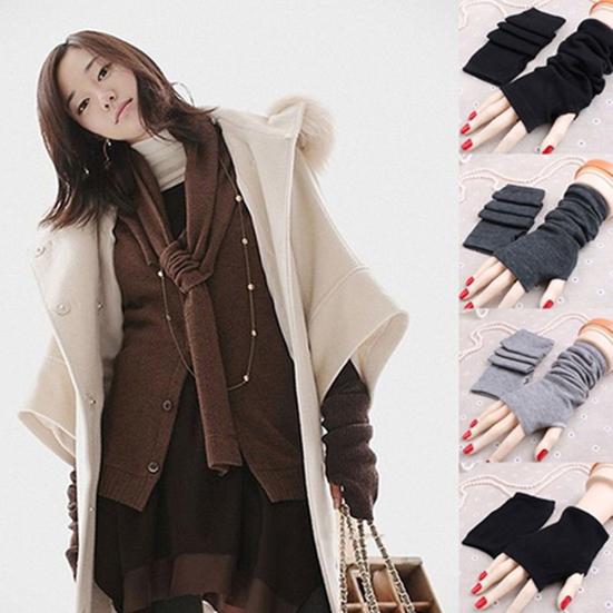 Women's Knitted Solid Fingerless Gloves Soft Warm Autumn Wrist Arm Long Mittens