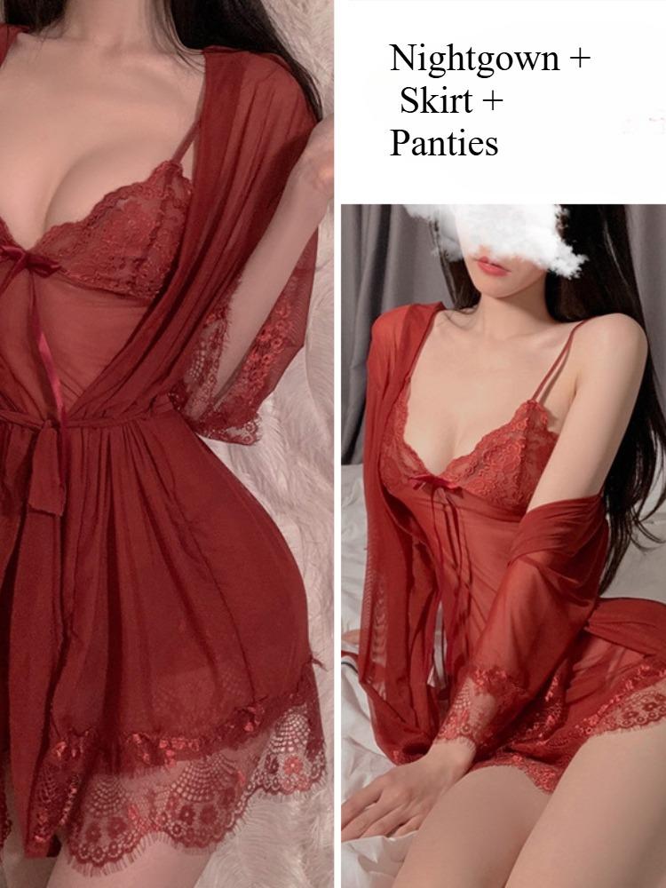 Red Sexy Christmas Lingerie Women Lace Hollow Bodysuit Erotic Costumes Teddy Nightdress Outfit Deep V Exotic Porn Underwear Set