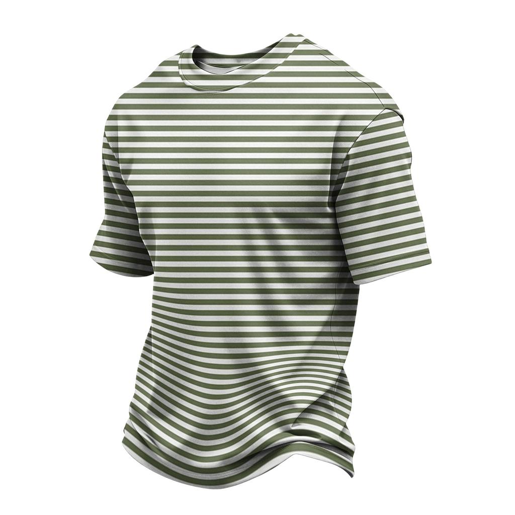 Men's Casual Quick-Dry Short Sleeve Shirt with Round Neck Lightweight Mesh and Striped Design