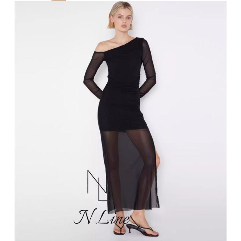 

Мода Прямая Добыча Bec + Bridge 24 Осень Новое Платье с Косым Плечом, Сеткой и Разрезом на Плече, Длинными Рукавами Black XS/6