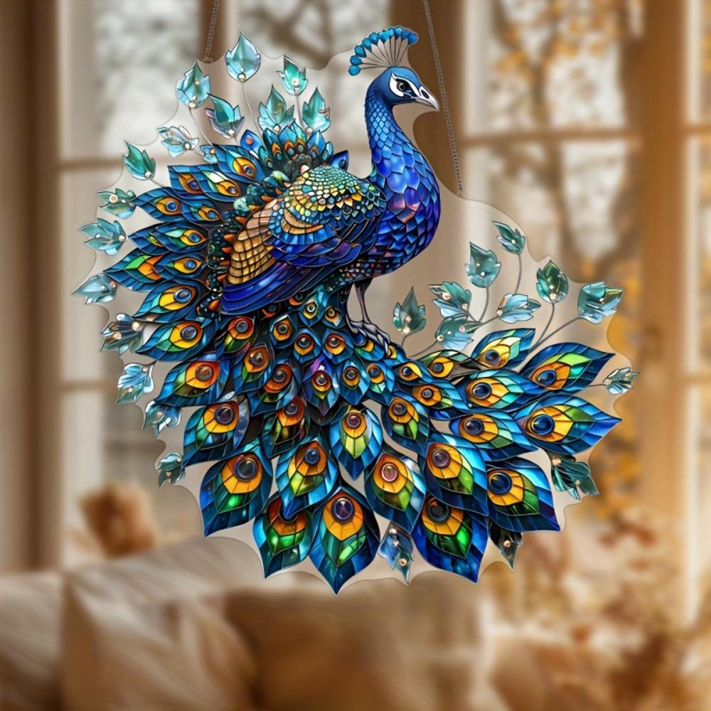2D Graphic Art Revival Crystal Peacock Decorative Pendant Sun Catcher - Animal-themed Hanging Decoration for Home, Office, Garden, Patio Decoration