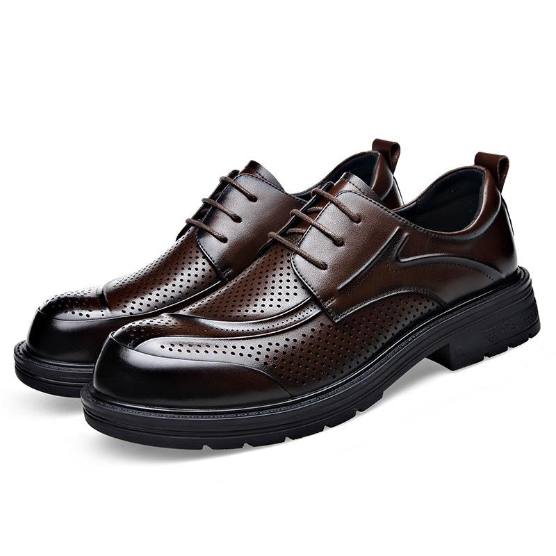 Men's Summer Breathable Lace-Up Leather Shoes - Versatile, Comfortable, Trendy, Perforated, Thick Sole Casual Footwear.