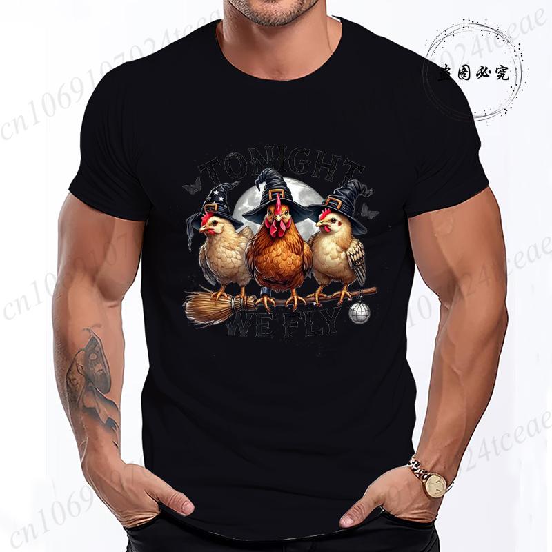 Halloween Tonight We Fly TShirt for Women Men Chicken Witches Hat Funny Casual TShirt Spooky Witch Men TShirts Clothing Tops