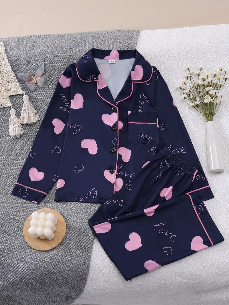 Long Sleeve & Pants Girls  Pajamas with Heart Print 90 cm