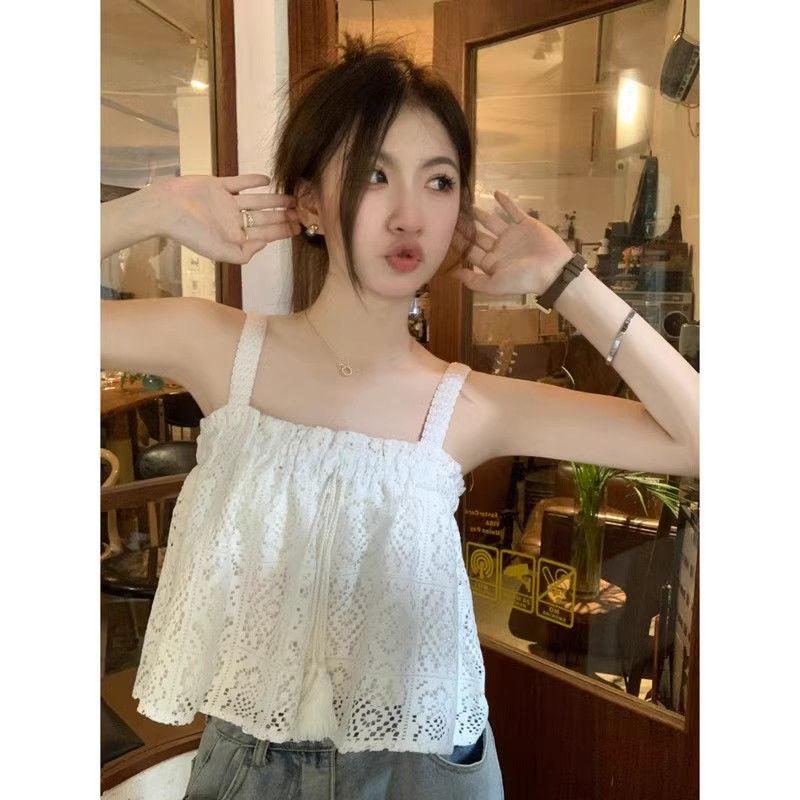 Female Summer Sweet Hook Flower Fungus Edge Tied Doll Lace Camisole Top