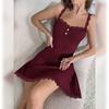 Lace Trim Ribbed Knit Sleeveless Nightdress with Button Detail Soft Stretch Fabric Comfortable Fit Casual Sleepwear