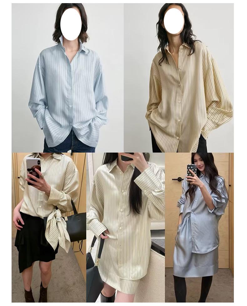 Wen Jiu 26 Early Spring New 100% Mulberry Silk Striped Loose Women's Shirt