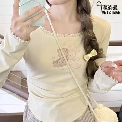 Camisetas Kawaii Sweet Harajuku para mujer, moda japonesa, estampado de dibujos animados, remeras ajustadas de encaje con retazos, camisetas suaves para niña de verano