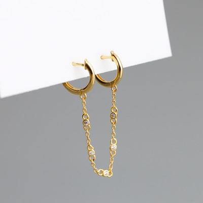 925 Sterling Silver Double Pierced Zircon Chain Tassel Hoop Earrings Female 1 Piece Simple Ear Jewelry
