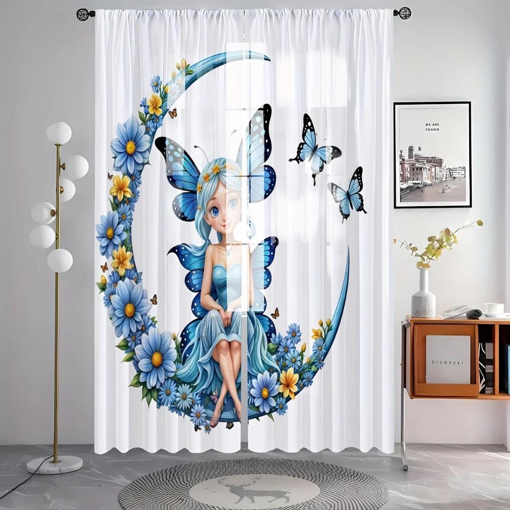 2-Piece Enchanted Forest Fairy Butterfly Transparent Curtains Rod Pocket Design For Living Room Bed Chamber WindowDecor Machine Washable