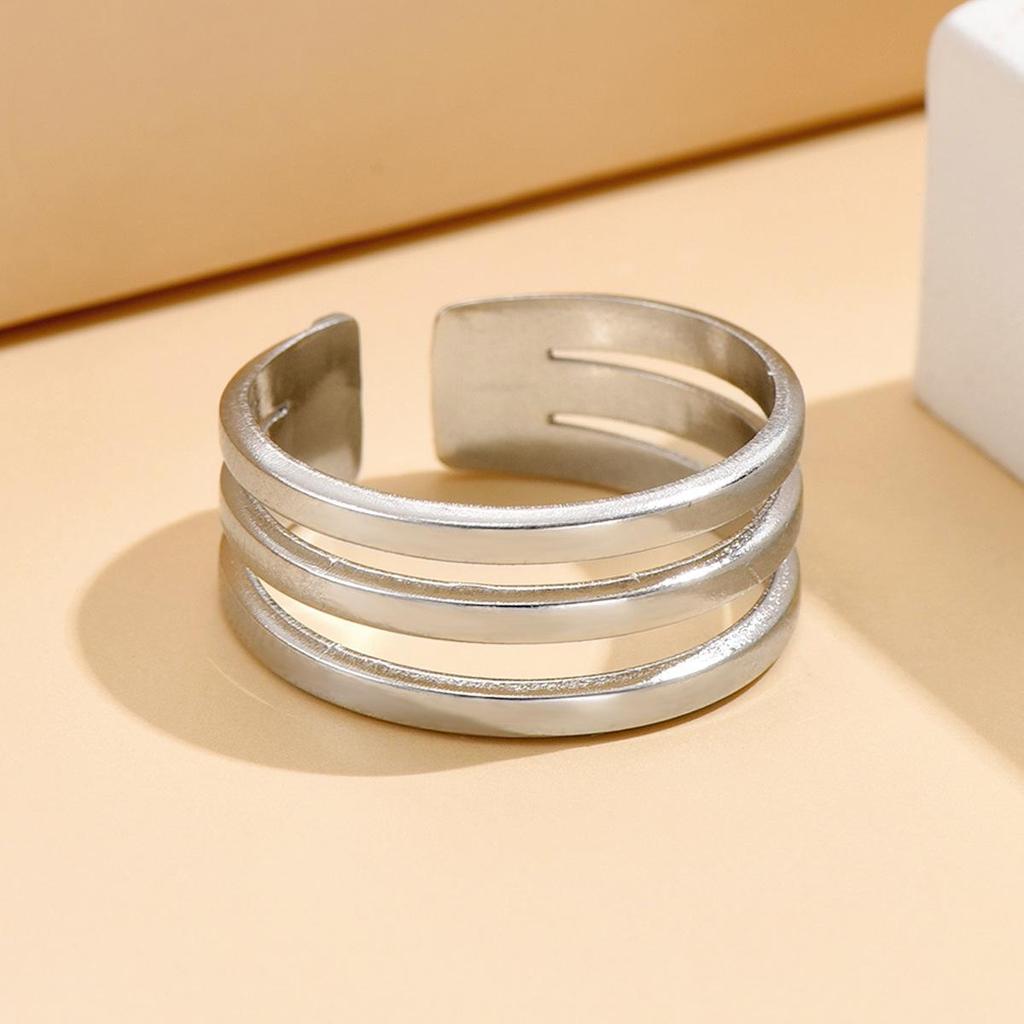 Cold Style Multi-Row Line Stainless Steel Ring for Women - Simple Geometric Metallic Accessory