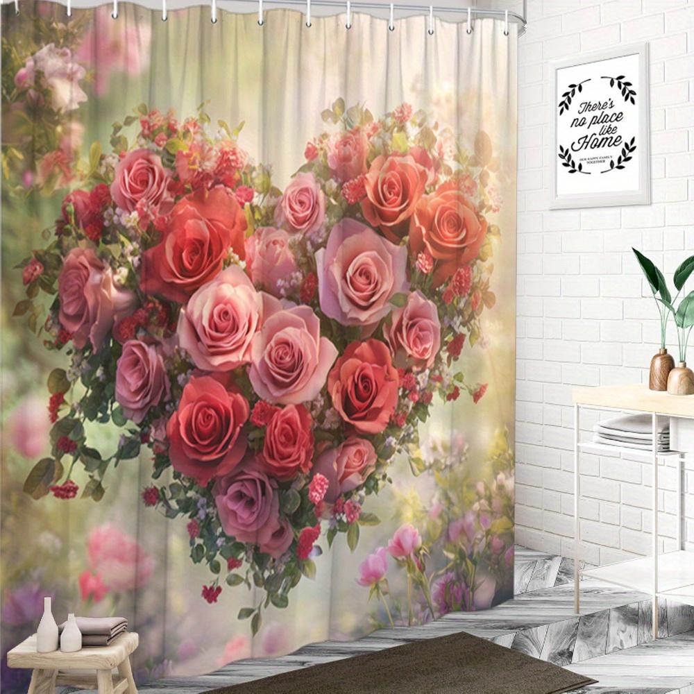 Romantic Heart-Shaped Roses Print Waterproof Shower Curtain For Bathroom, Soft Floral Design High-End Toilet Partition Curtain