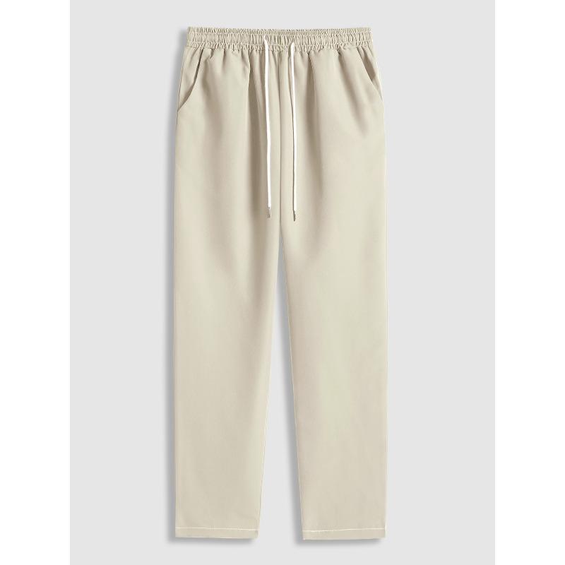 

Men Drawstring Elastic Waist Solid Color Straight Leg Casual Loose Long Pants S бежевий