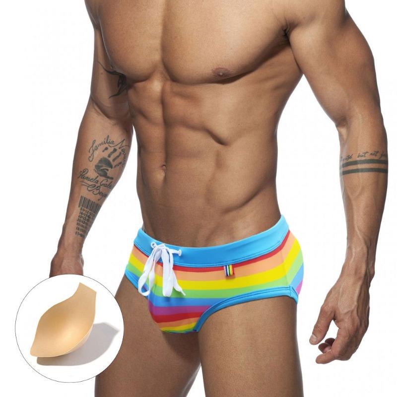 

UXH Men s Color Striped Triangle Swimsuit Sexy Belt Cup U Convex Stereo Beach Triangle Men s Swimsuit M