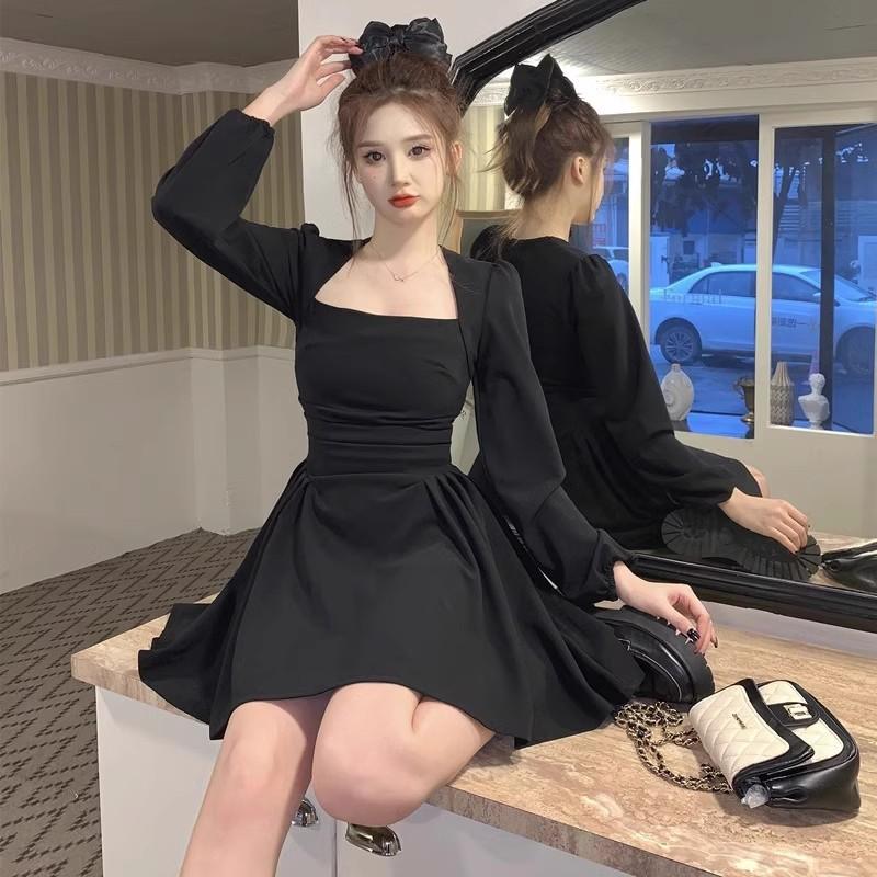 Micro square neck long sleeve dress spring and autumn large size women's clothing retro waist thin a word short skirt
