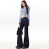 Women's 2025 Denim Blue Flare Jeans, Double Button, Slimming Floor-Length with Unique Back Pockets, Early Autumn Design.