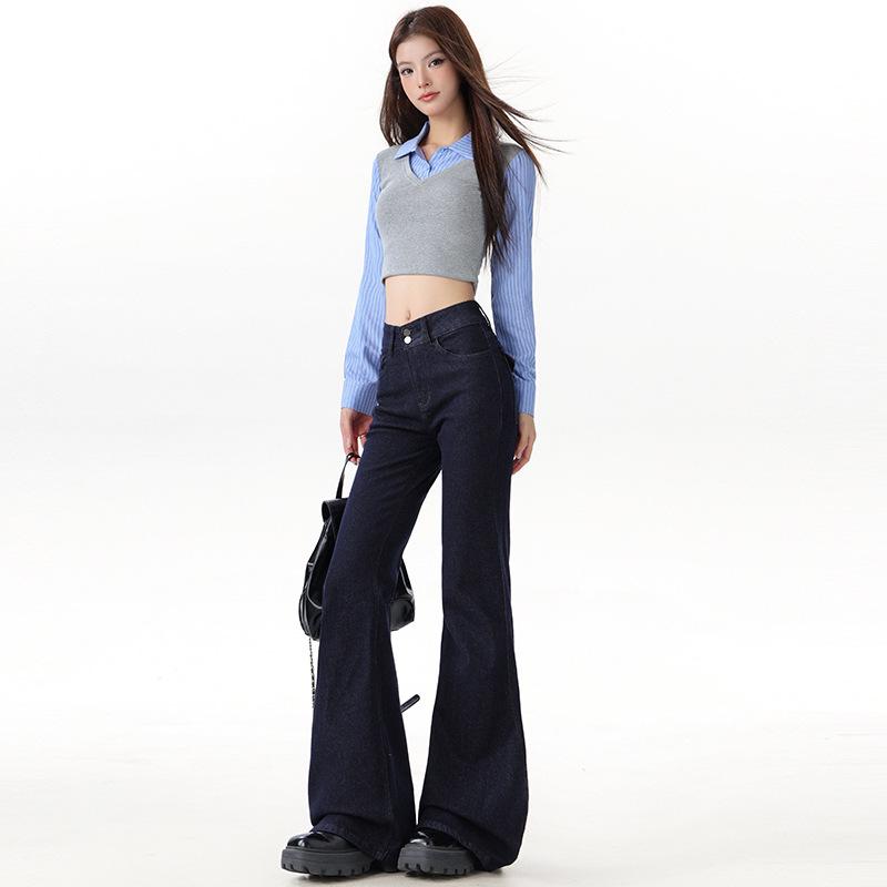 Women's 2025 Denim Blue Flare Jeans, Double Button, Slimming Floor-Length with Unique Back Pockets, Early Autumn Design.