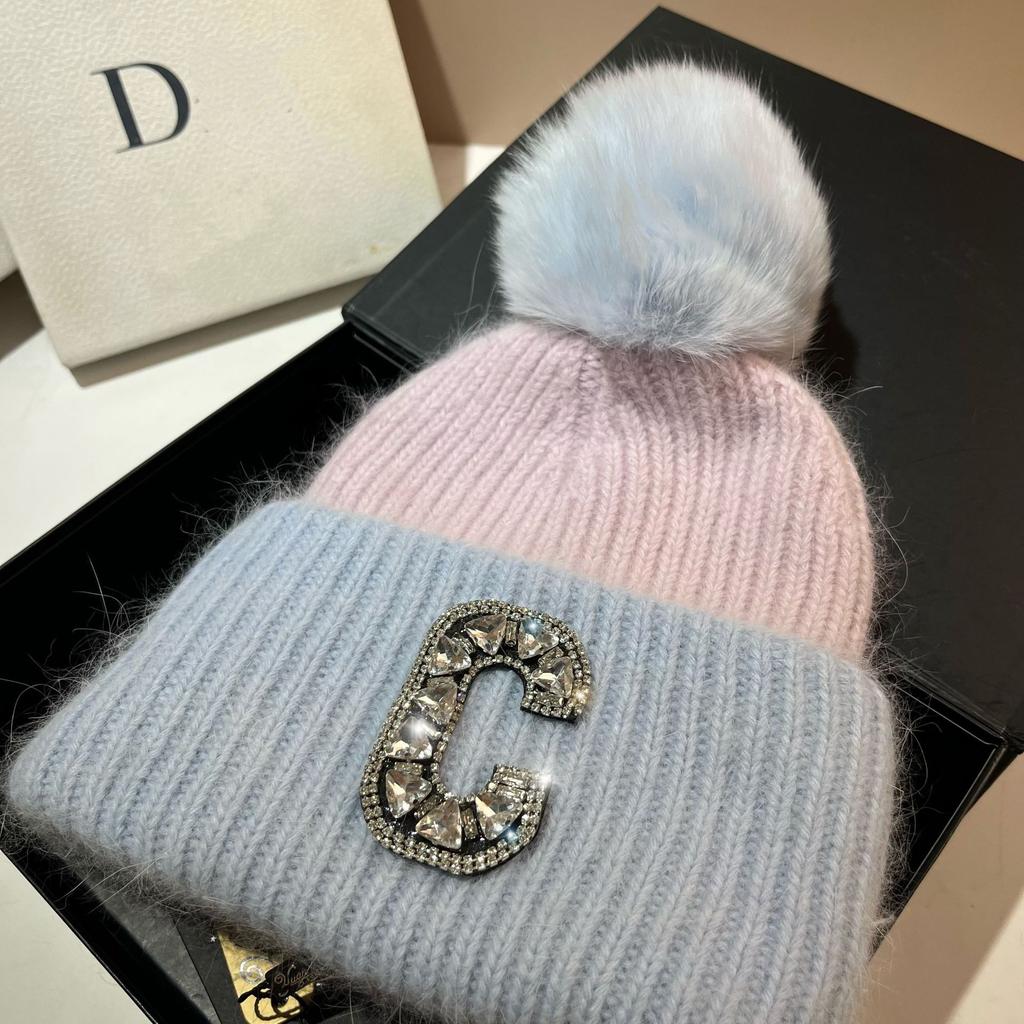 C Russian Winter Outdoor Thickened Double-Layer Warm Rabbit Fur Knitted Hat Northern Cold Fox Hairball Ear Protection Hat