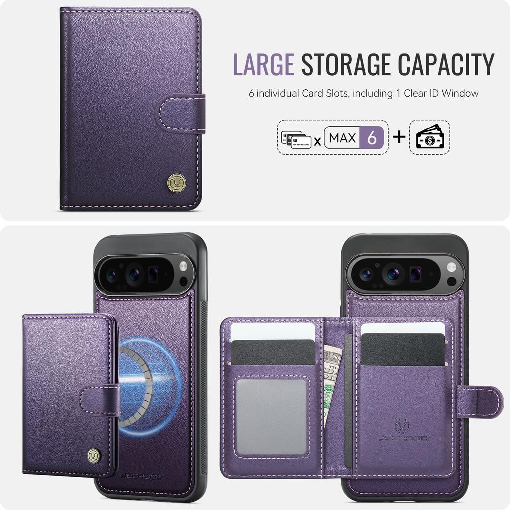 For Google Pixel 9 Pro XL Case JEEHOOD J09 RFID Blocking Card Holder Leather Back Phone Cover Magnetic Case