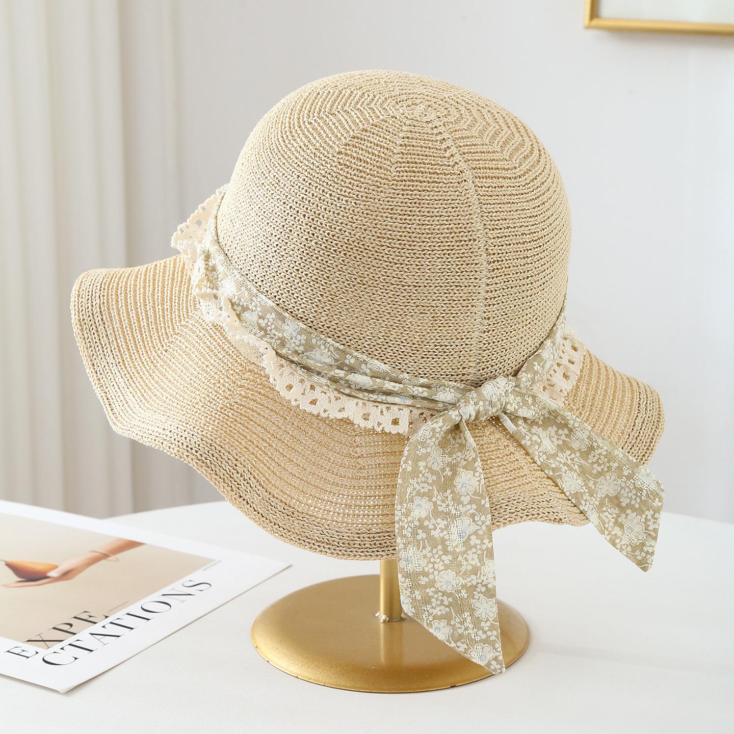 

Knitted Fisherman Hat With Floral Ribbon, Bucket Hat Spring, Summer, Autumn, Windproof, Adult Women S Hat 56-58cm бежевый