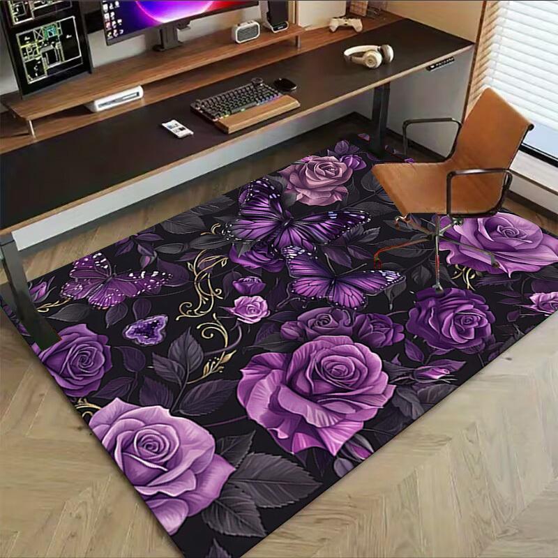 1PC Purple Roses Butterfly Non-Slip Floor carpet, Office, family, bedroom, Studio - Large Area Rug, Vibrant Colors-C0463