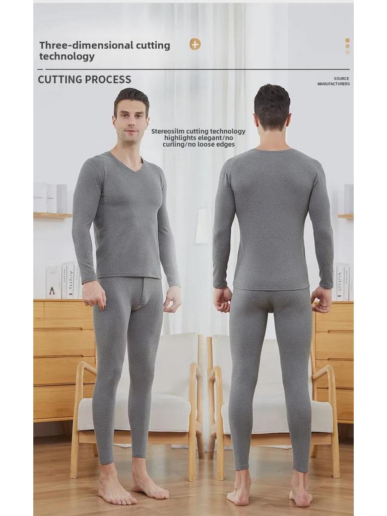 Men's Two-Color German Velvet Warm Suit: No-Pill V-Neck/Round Neck Top & Bottom Set for Autumn/Winter.