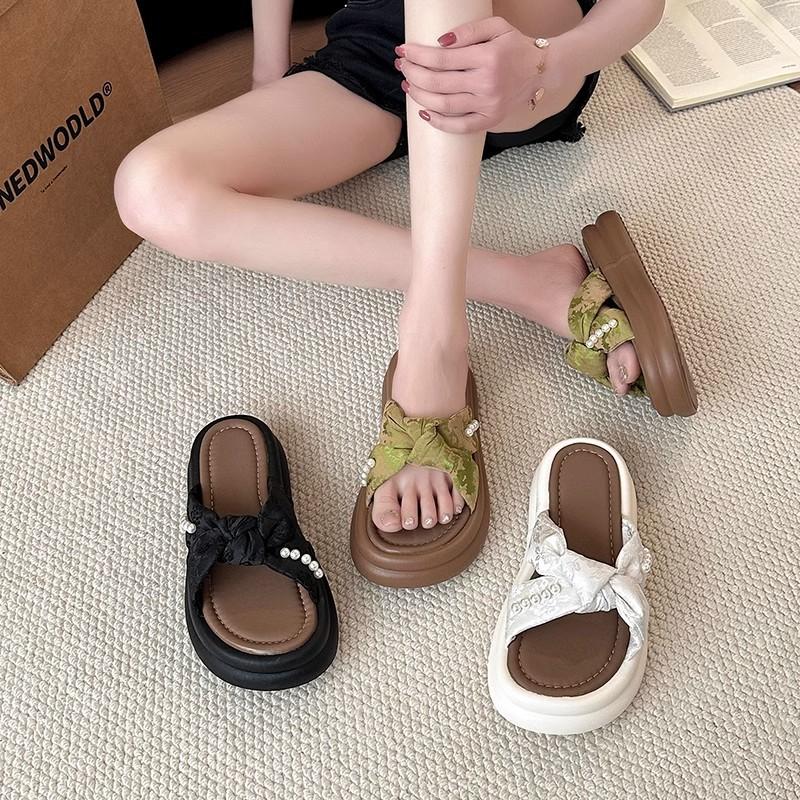 Pearl national style fairy wind cool slippers female 2025 summer new with skirt sandals thick-bottomed beach one-word slippers