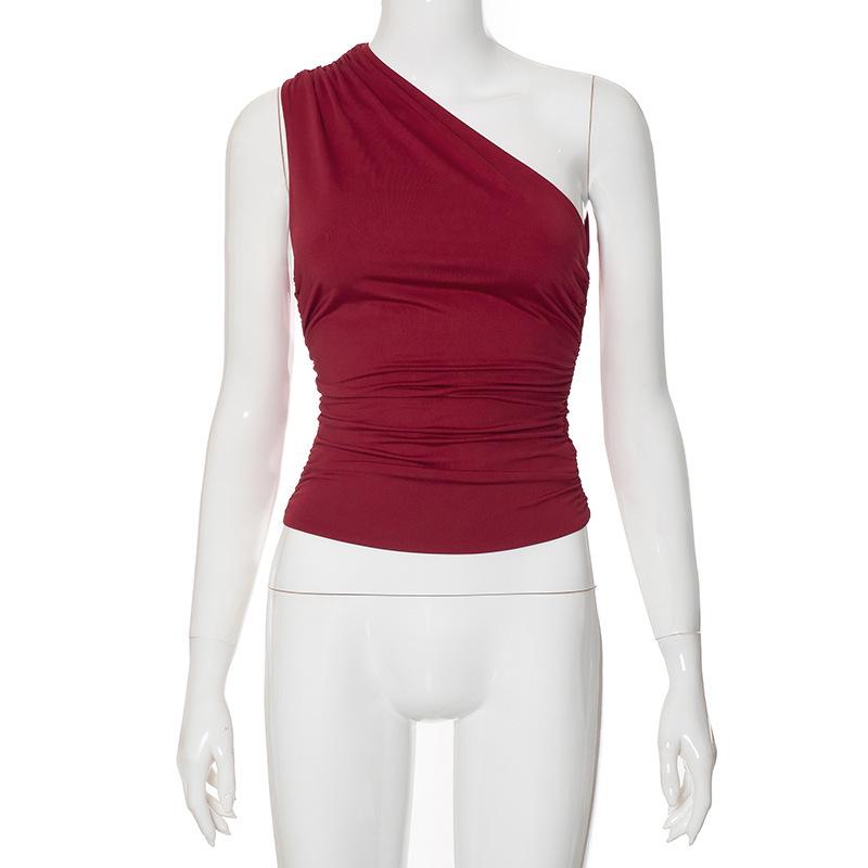 Women's Winter One-Shoulder Backless Ruched Tank Top T-Shirt: Solid Color, European & American Style