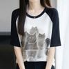 Navava Women Cat Printing Raglan Short Sleeve Knit Tee Nk3112