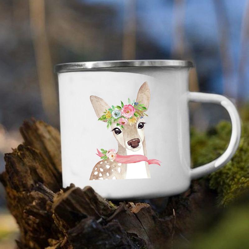 Cute Animal Horse Deer Print Mugs Creative Drink Coffee Milk Cups Kawaii Kids Animal Theme Party Juice Enamel Mug Gift for Child