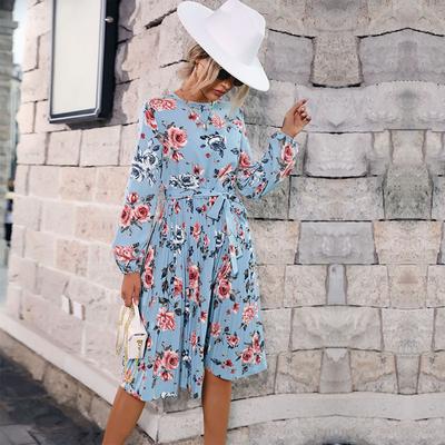 Autumn and Winter Ladies Fashion Floral Dress Long Sleeve Blue Pleated Skirt