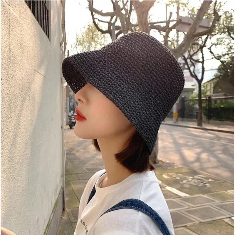 Fashion Beach Korean Straw Hat Women Visor Bucket Hat Fisherman Hat Hand Weaving Panama Girl Fishing Chapeau Sun Hats for Women