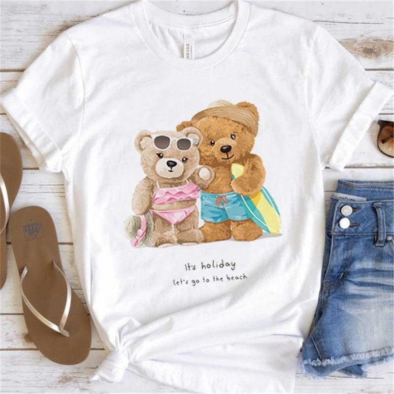 Cute Little Bear Print TShirt Summer Trend White Short Sleeve Neck Casual Sports Aesthetic Clothes Womens Graphic T Shirts